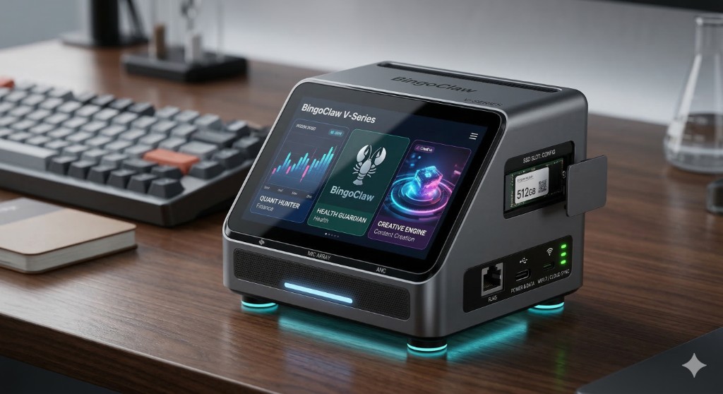 BingoClaw V-Series engineering view: M.2 SSD bay, RJ45, USB-C, status LEDs, mic array, and display modules