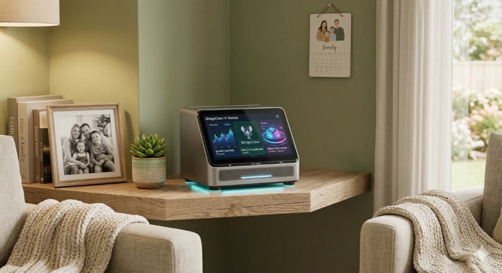 BingoClaw V-Series in a US-style living room; device UI may show multiple modules—your Cloud Console uses US English labels after sign-in